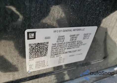 2021 Chevrolet Traverse Lt из США, поврежденный, VIN 1GNERGKW7MJ187797